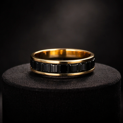 Black Onyx Princess-Cut 18K Gold Plated Stainless Ring