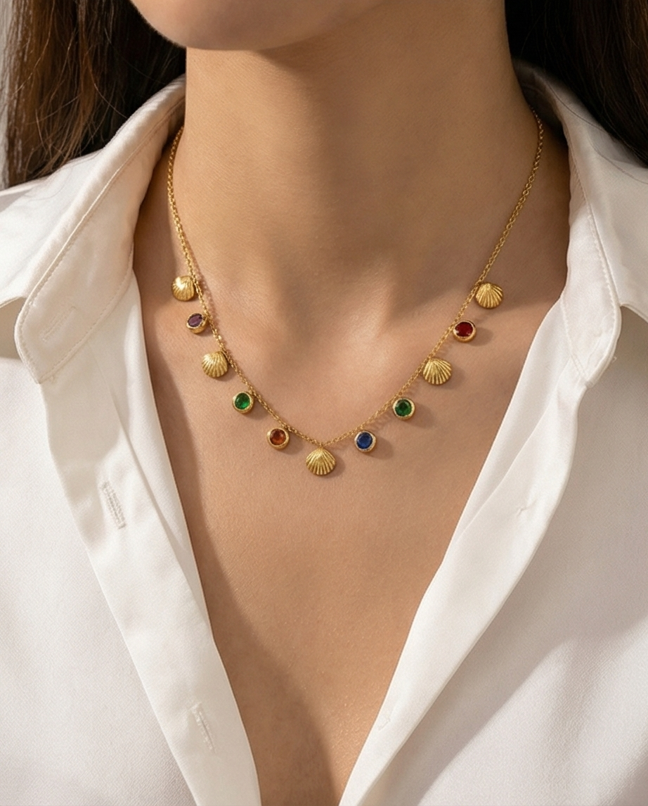 Multicolor Gemstone & Seashell Charm Necklace