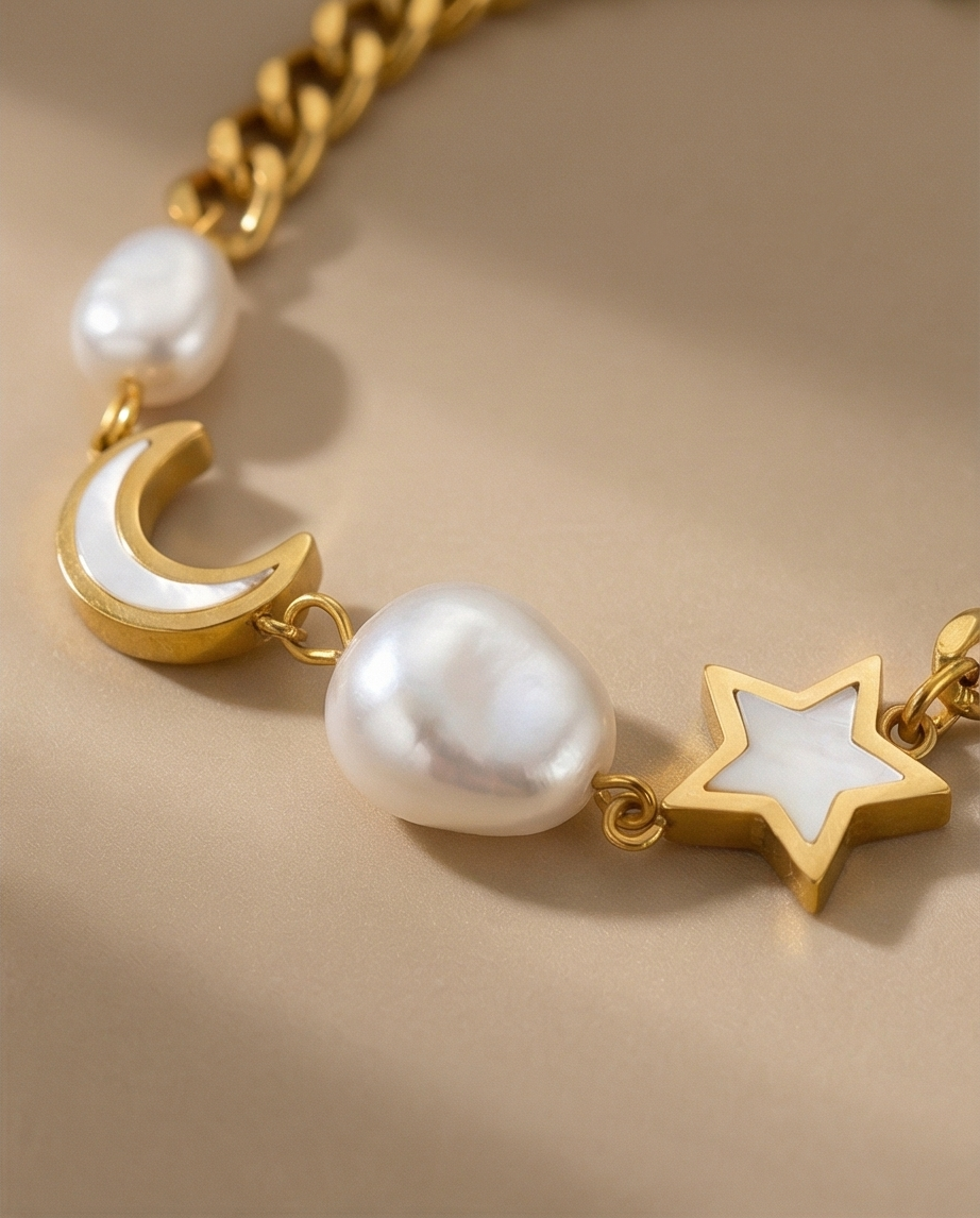 Celestial Pearl Curb Chain Bracelet
