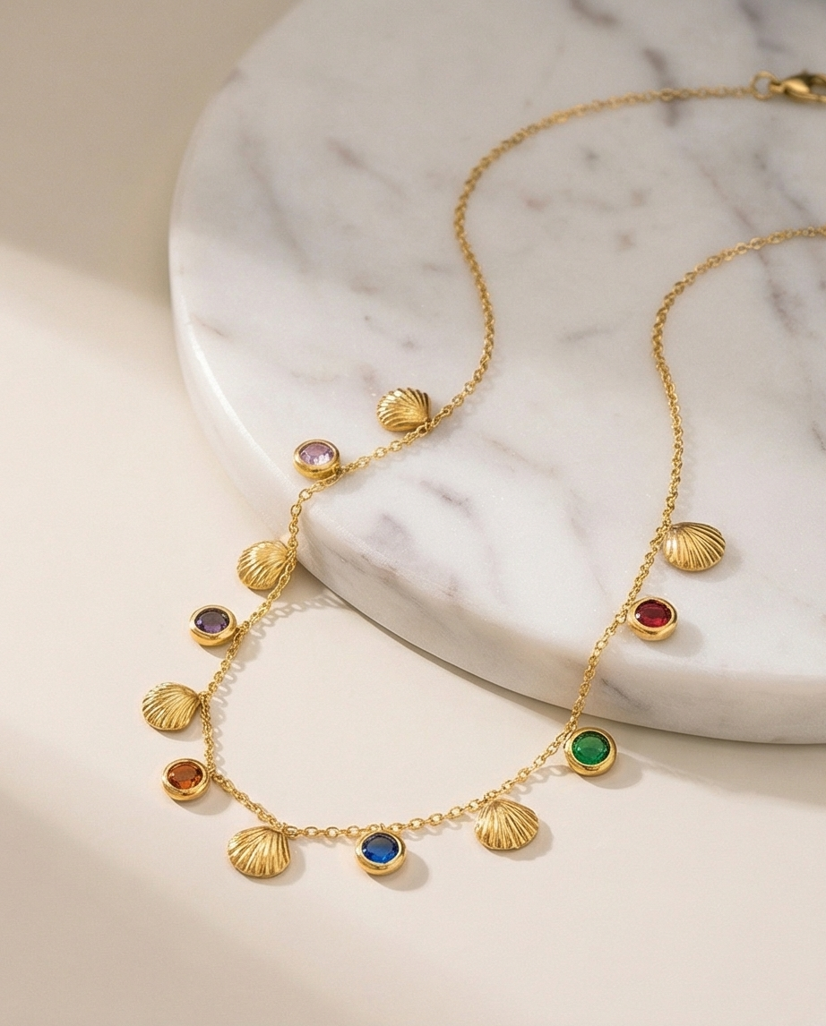 Multicolor Gemstone & Seashell Charm Necklace