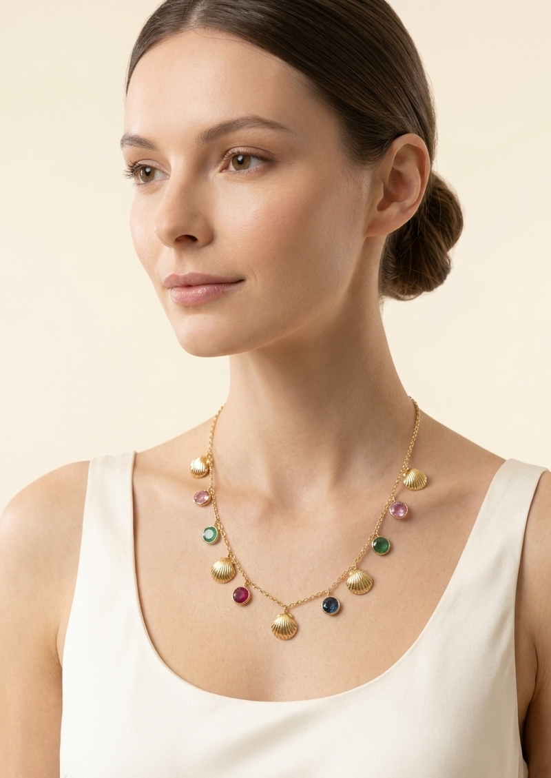 Multicolor Gemstone & Seashell Charm Necklace