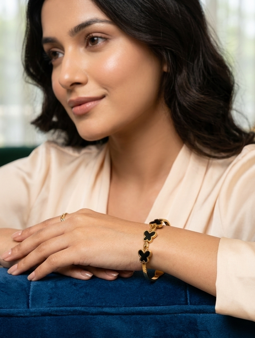 Butterfly Charm Black Enamel Bangle