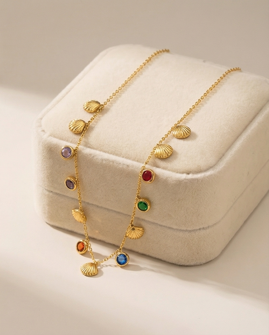 Multicolor Gemstone & Seashell Charm Necklace