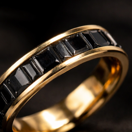 Black Onyx Princess-Cut 18K Gold Plated Stainless Ring