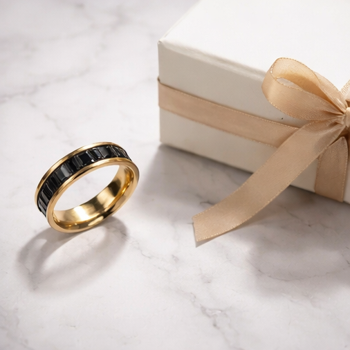 Black Onyx Princess-Cut 18K Gold Plated Stainless Ring