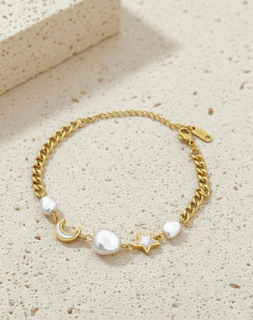 Celestial Pearl Curb Chain Bracelet