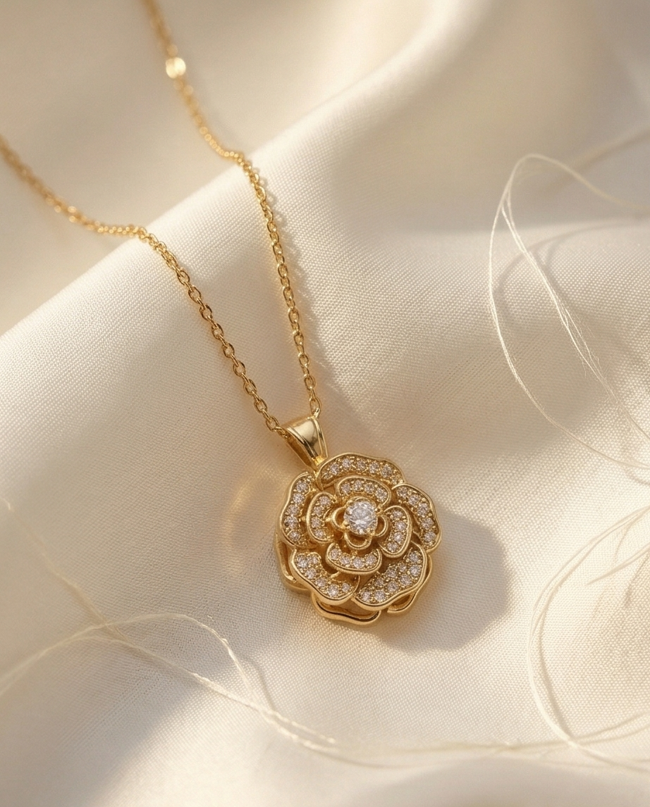 Sparkling Camellia Flower Pendant Necklace