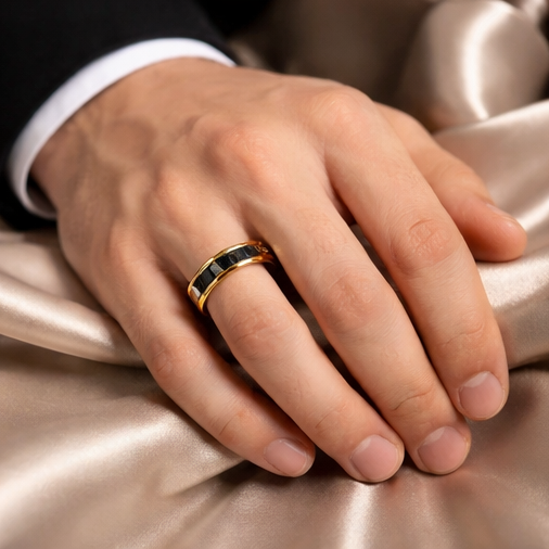 Black Onyx Princess-Cut 18K Gold Plated Stainless Ring